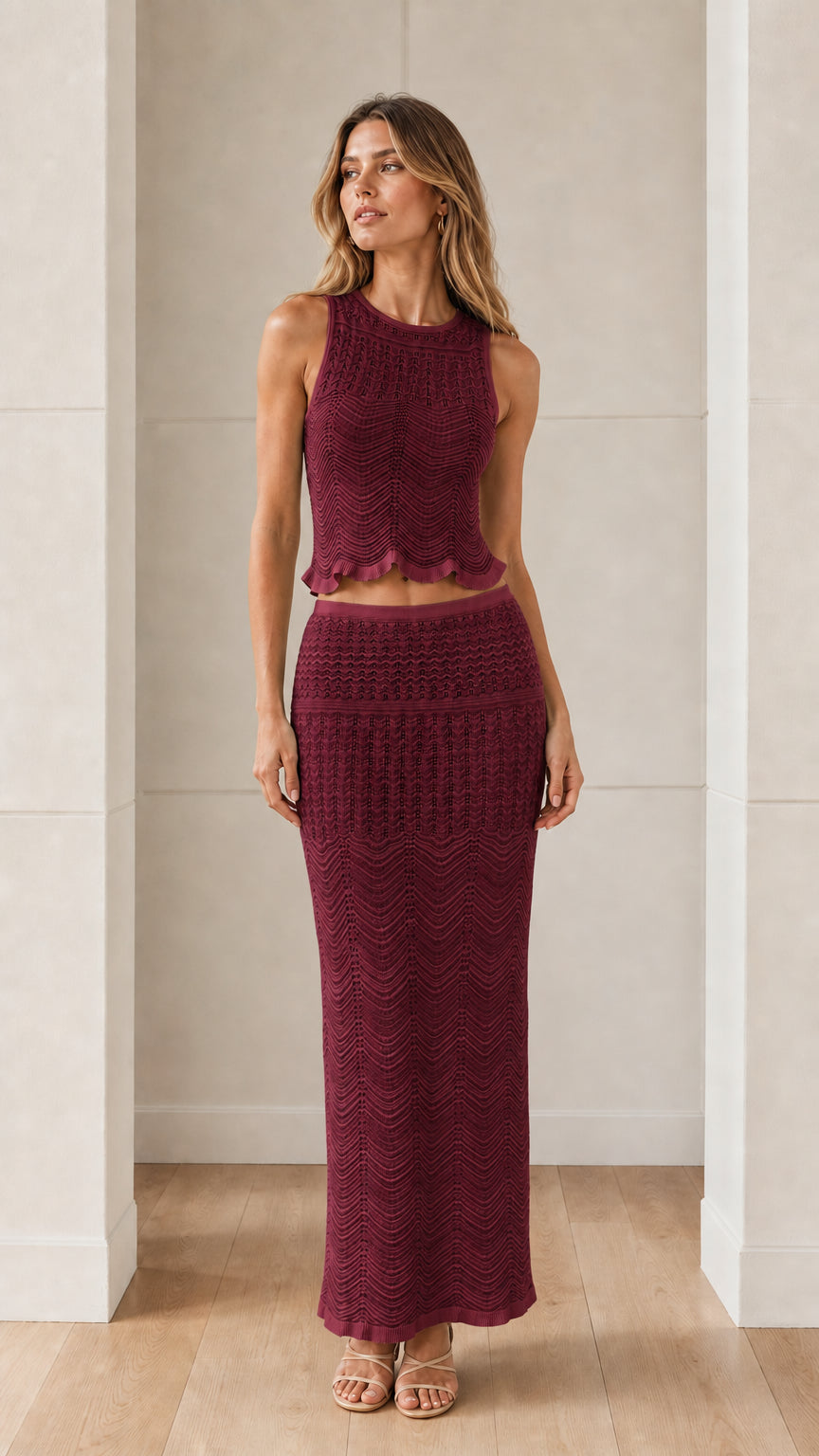 Full view of burgundy chevron knit matching set