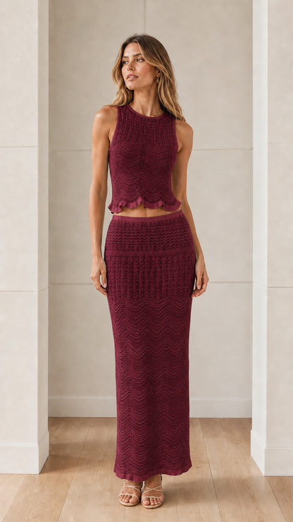 Full view of burgundy chevron knit matching set