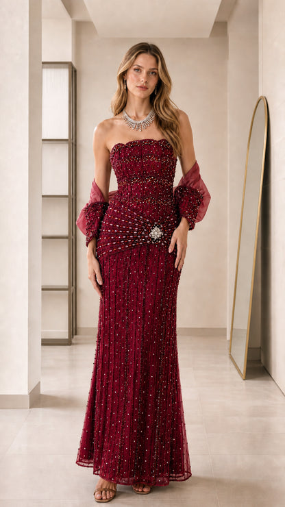 Burgundy variant of the embellished evening gown