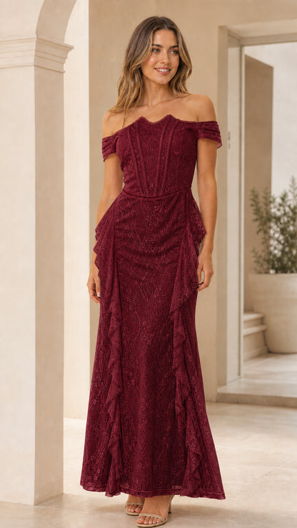 Burgundy color variant of off-shoulder lace maxi dress