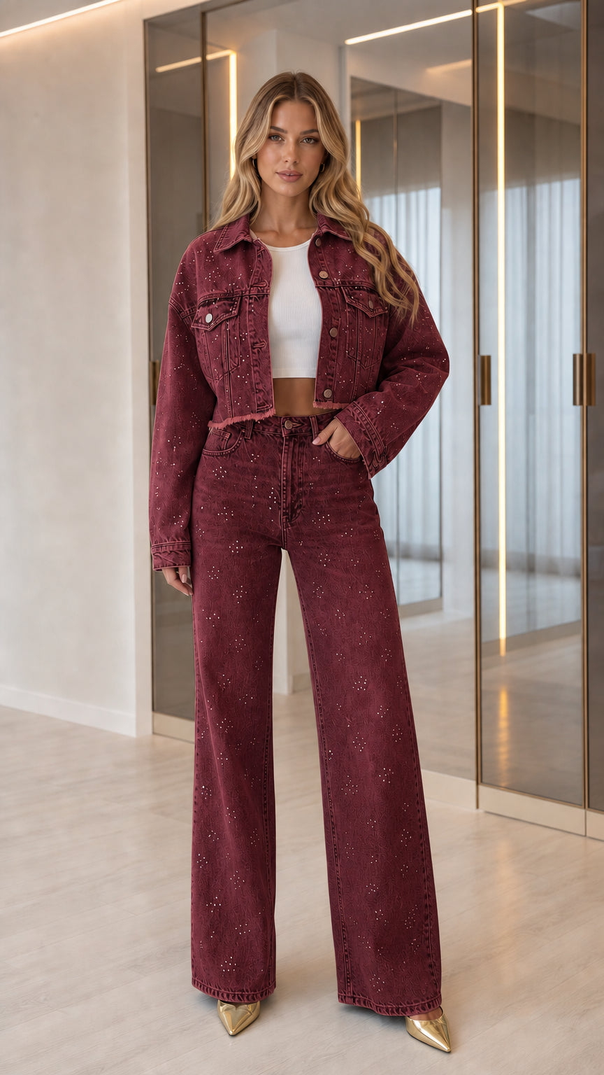 Full front view of model wearing Burgundy rhinestone cropped denim jacket and wide-leg trousers
