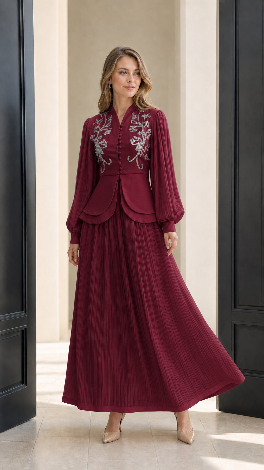 Front view of burgundy beaded long sleeve maxi dress