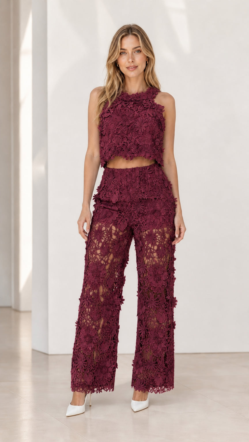 Model wearing burgundy floral lace two-piece set