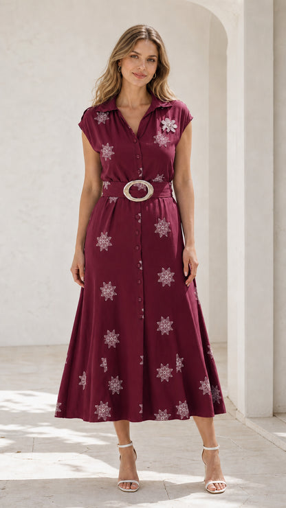 Front view of burgundy embroidered belted midi shirt dress