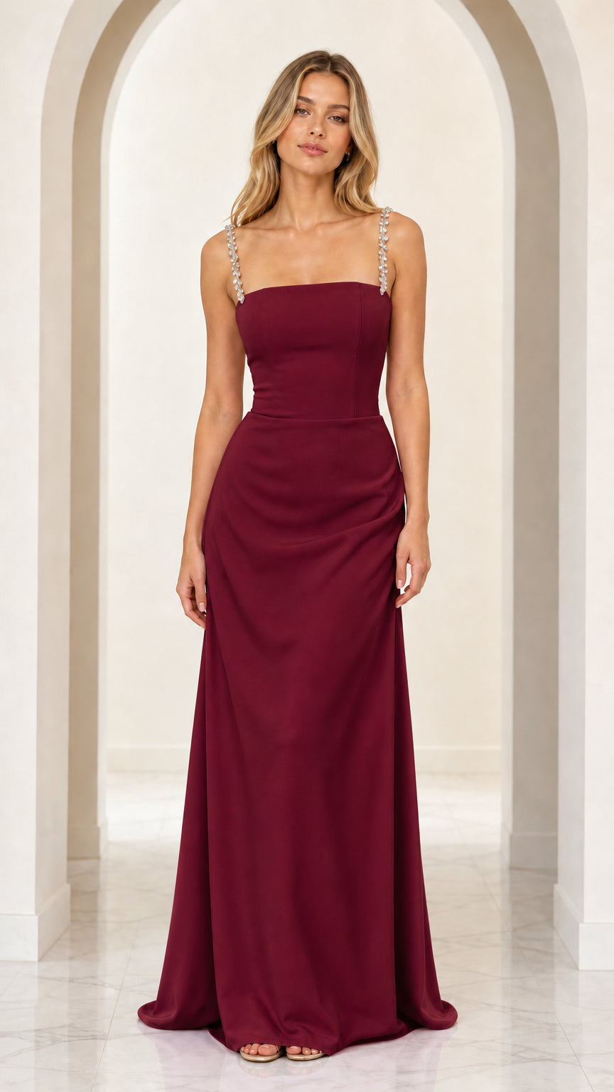 Burgundy wine red column evening dress with crystal straps