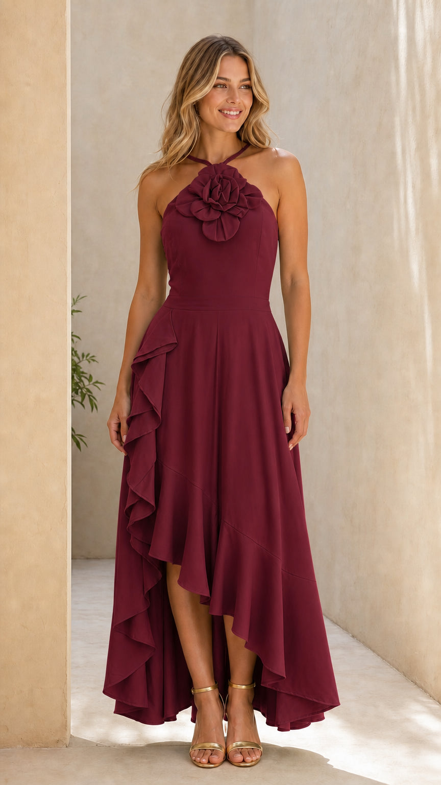 Front view of burgundy halter neck 3D rosette high-low ruffle maxi dress
