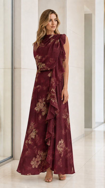 Front view of model in Burgundy floral ruffled maxi dress