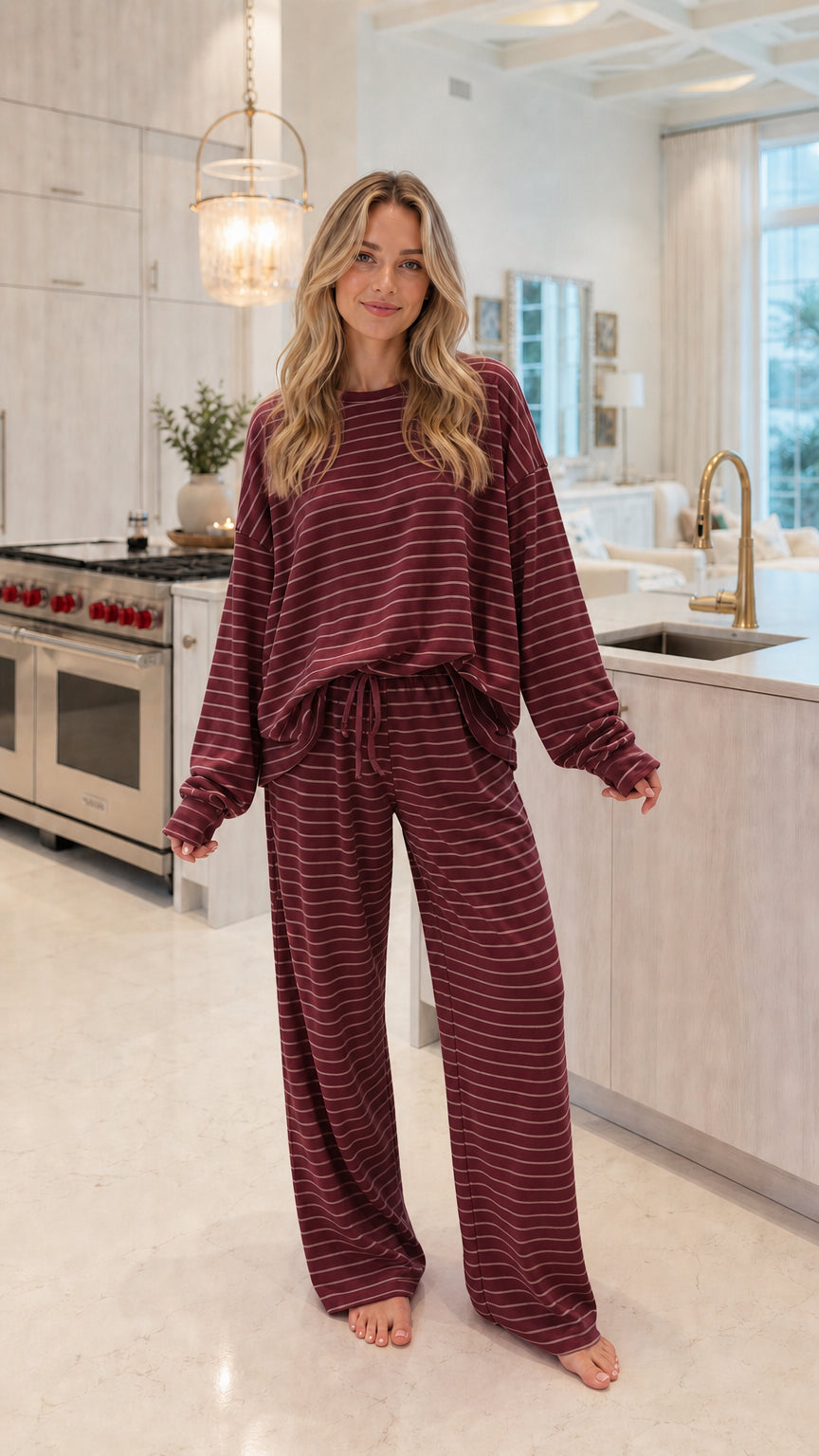 Front view of model wearing burgundy wine and white striped knit lounge set