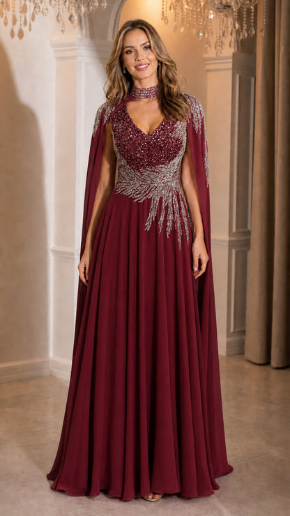 Burgundy wine beaded cape maxi dress for formal events front view