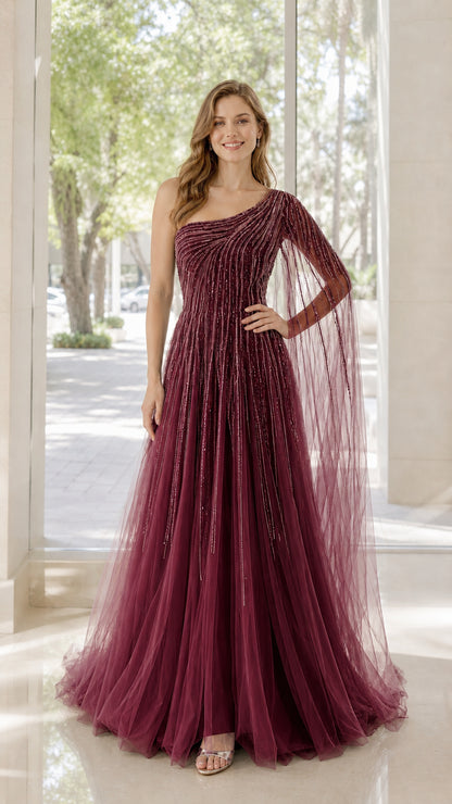 Front view of model wearing burgundy one-shoulder beaded tulle evening dress