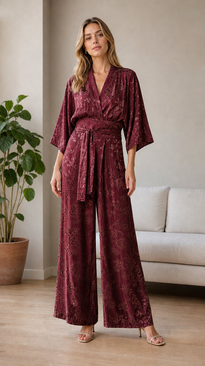 Burgundy satin wrap jumpsuit front view