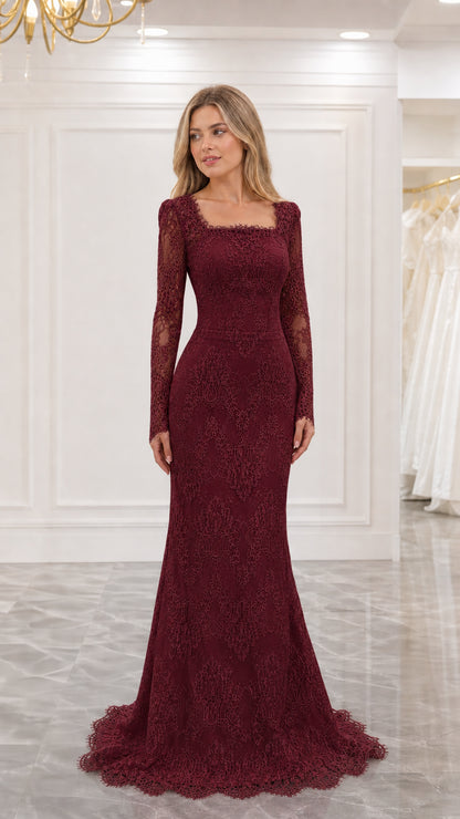 Front view of burgundy wine red square neck lace evening gown