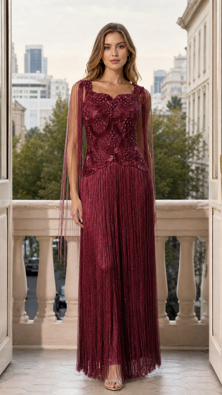 Front view of woman wearing burgundy wine beaded fringe maxi evening gown