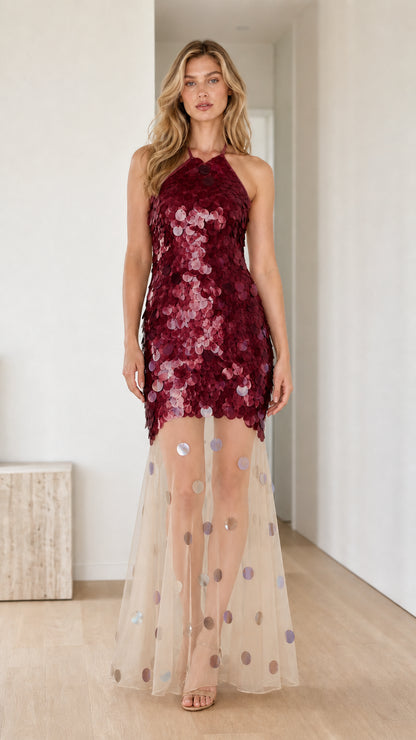 Front view of model wearing Burgundy sequin halter maxi dress