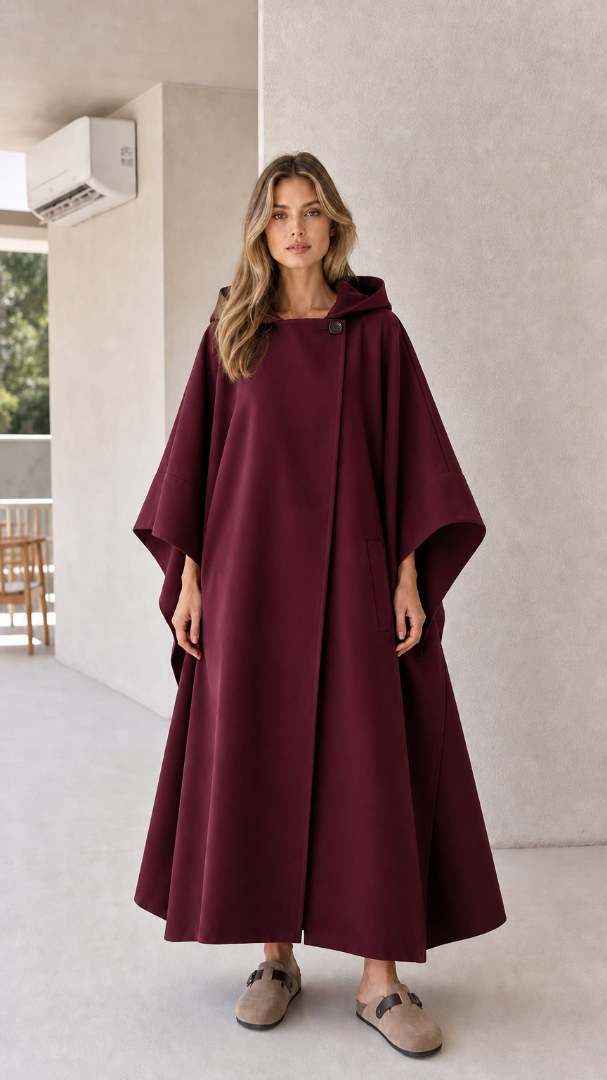 Model wearing burgundy wine red hooded cape coat