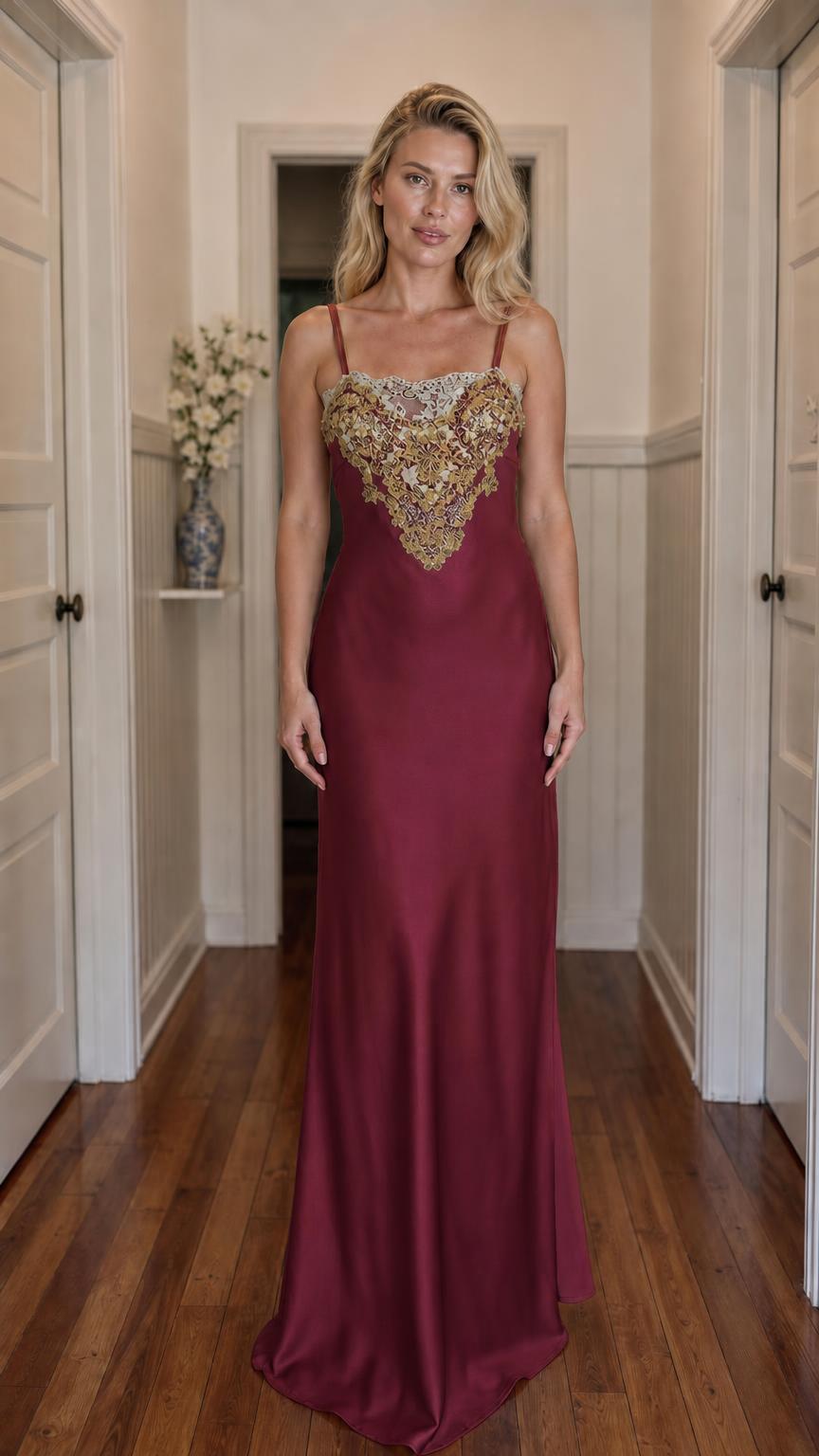 Front view of model wearing burgundy satin maxi slip dress