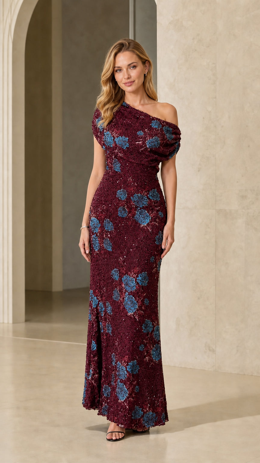Model wearing burgundy one-shoulder sequin floral evening gown