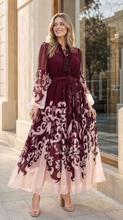 Burgundy long sleeve scroll print chiffon maxi dress