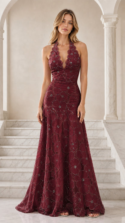 Front view of burgundy wine floral embroidered halter evening gown