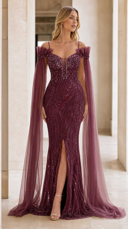 Burgundy color variant of the beaded mermaid evening dress
