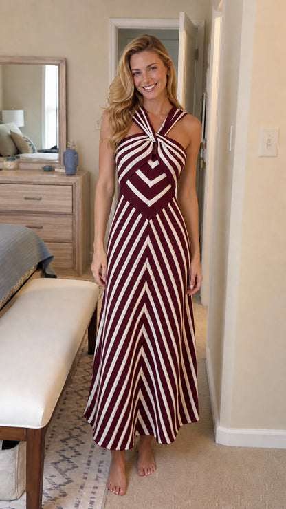 Front view of burgundy and white striped maxi dress variant