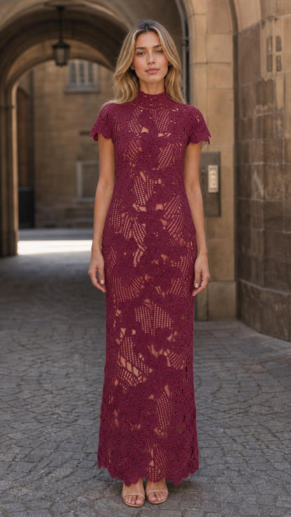 Front view of burgundy floral crochet lace maxi dress