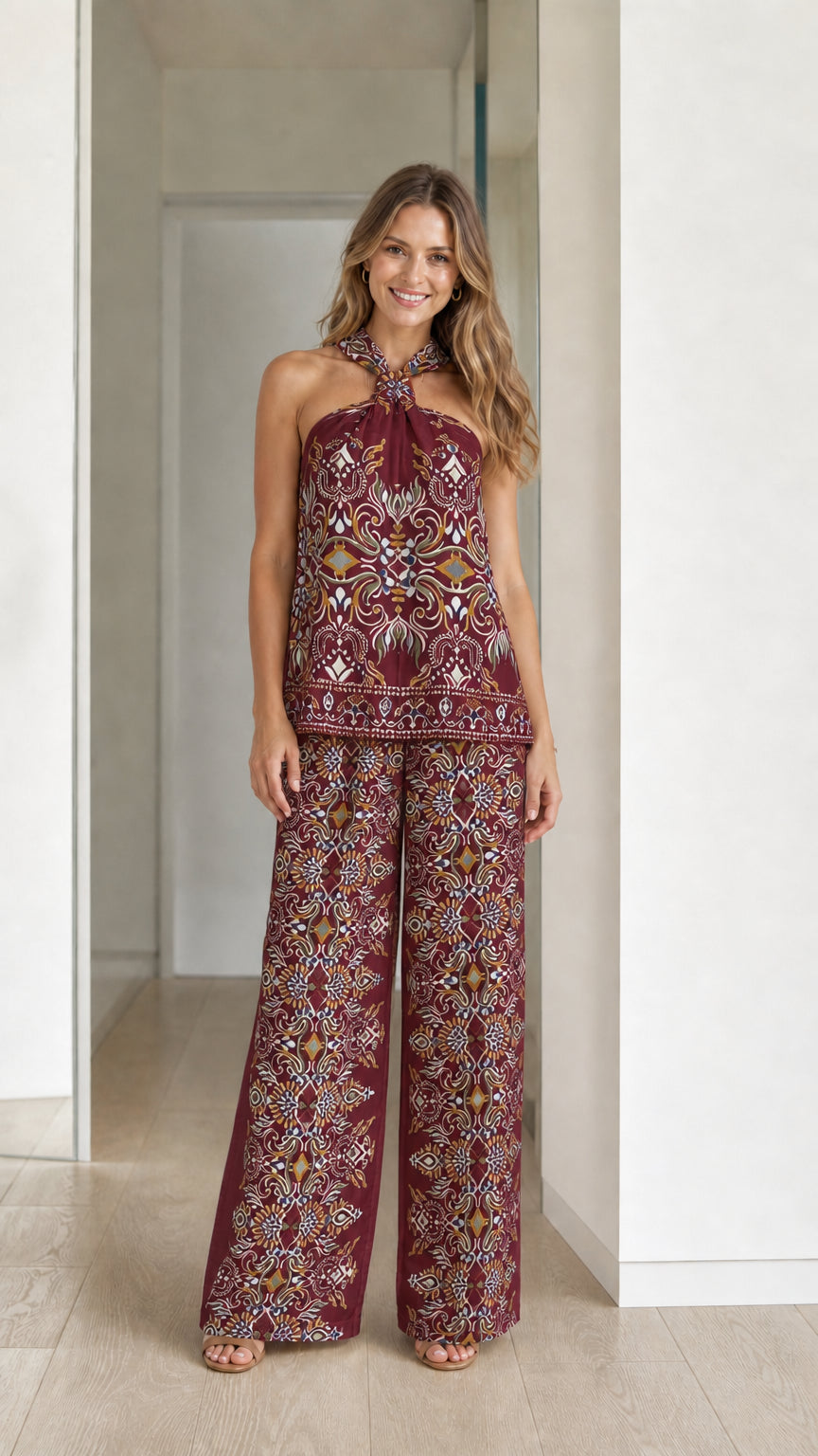 Model wearing burgundy boho printed two-piece set