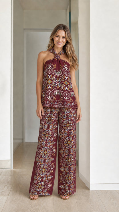 Model wearing burgundy boho printed two-piece set