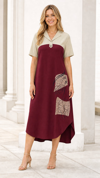 Burgundy colorblock midi dress front view