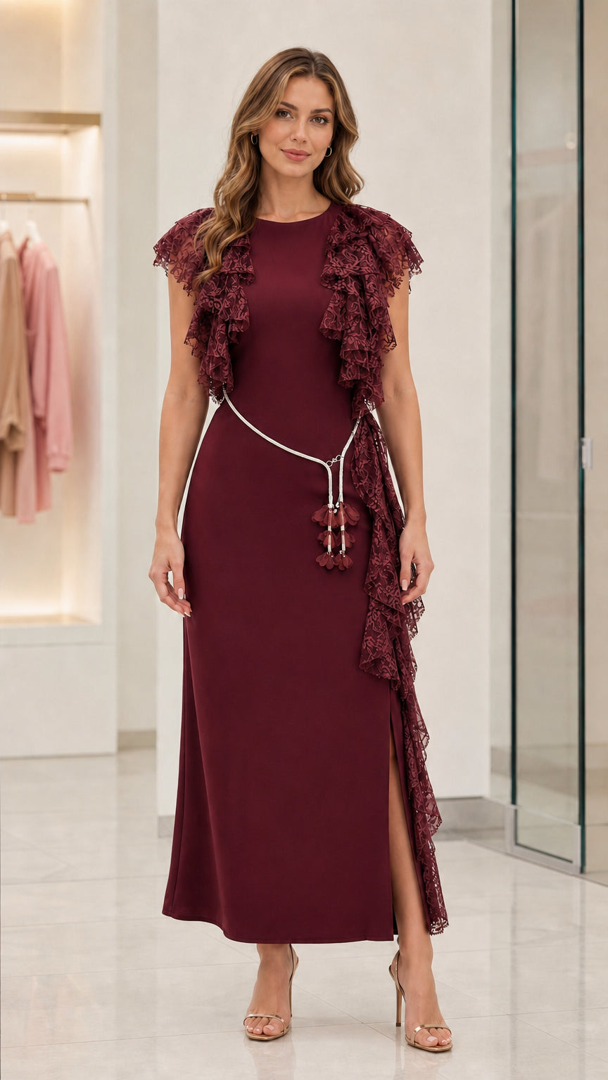 Rich burgundy wine column maxi dress with tiered lace accents