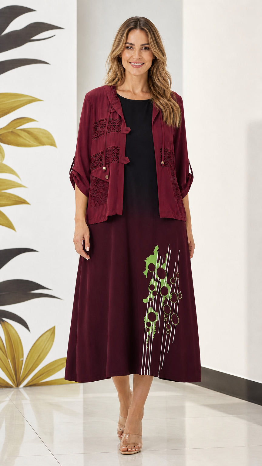 Model wearing burgundy wine red lace jacket and printed midi dress two-piece set