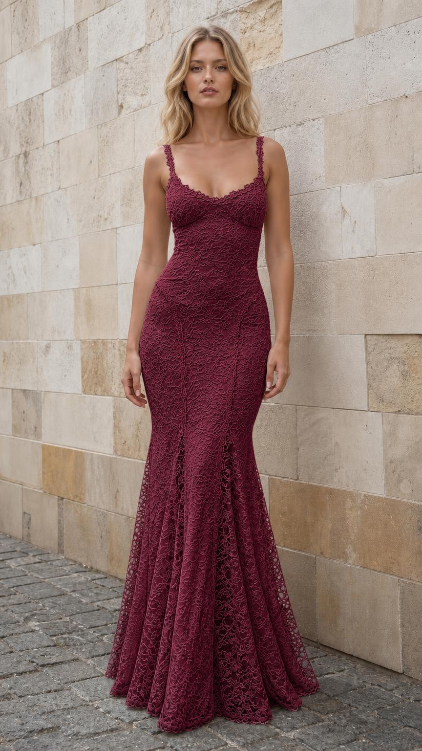 Model wearing burgundy lace mermaid maxi dress