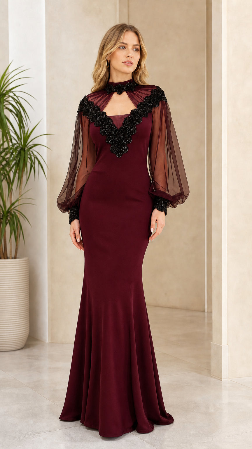 Front view of burgundy evening gown