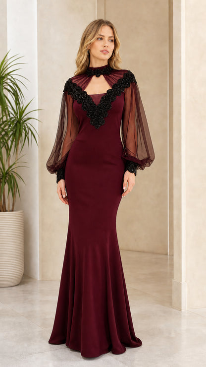 Front view of burgundy evening gown