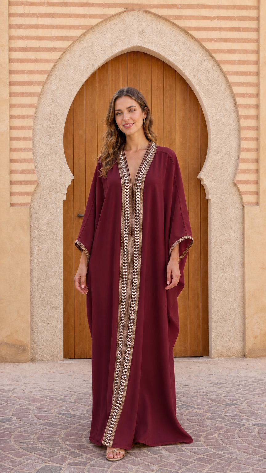 Front view of model wearing Burgundy pearl-trimmed maxi kaftan dress