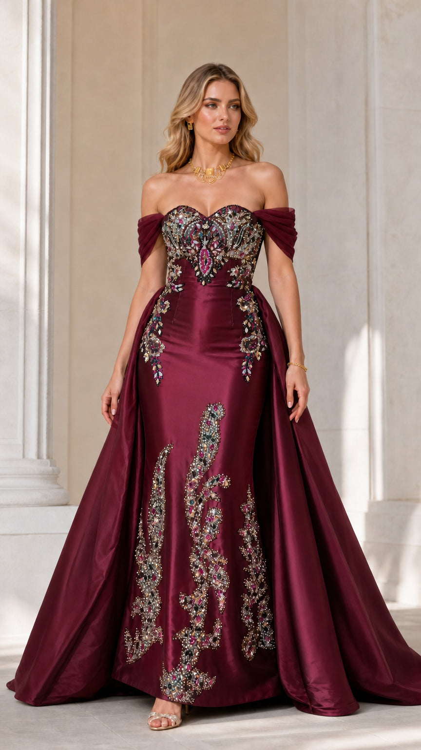 Burgundy variant of beaded mermaid evening gown