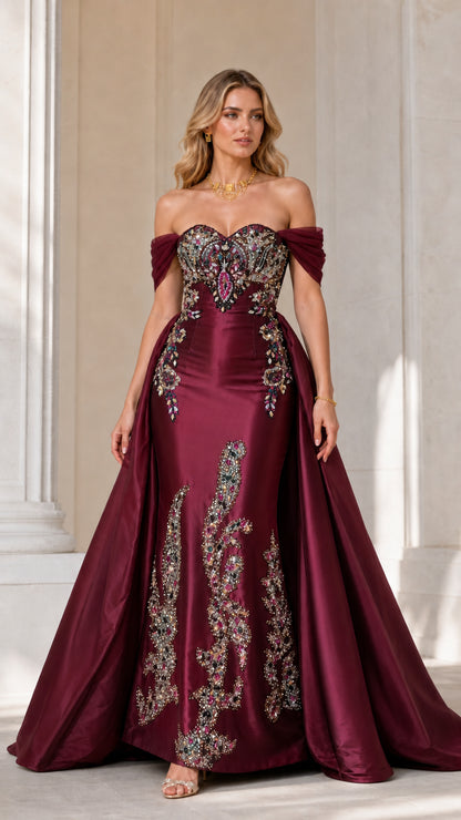Burgundy variant of beaded mermaid evening gown