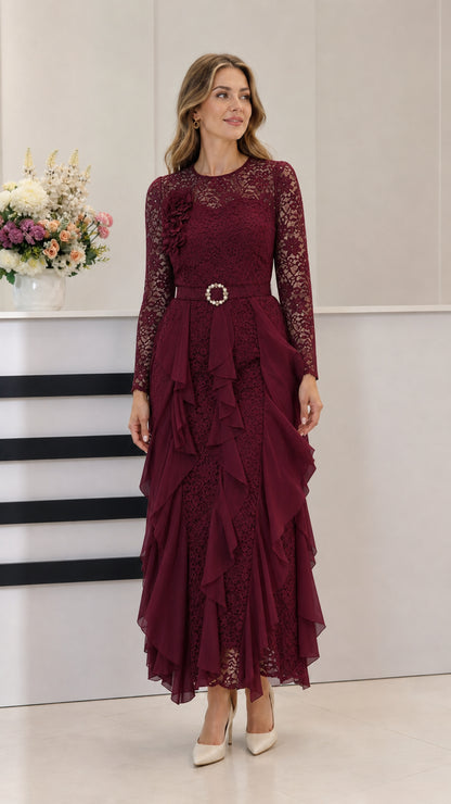 Burgundy wine long sleeve lace belted formal gown with ruffle skirt
