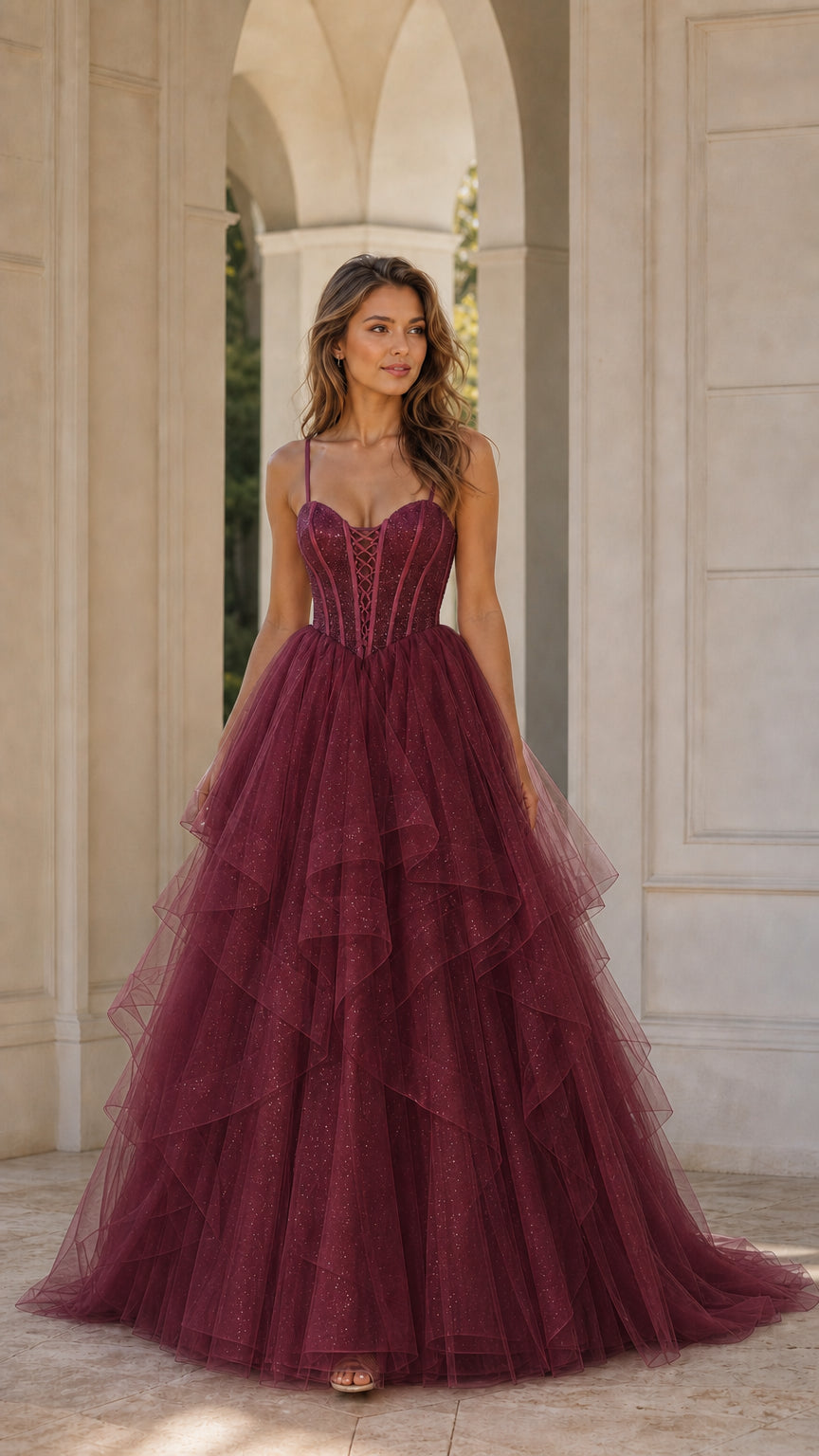 Burgundy glitter tulle corset ball gown