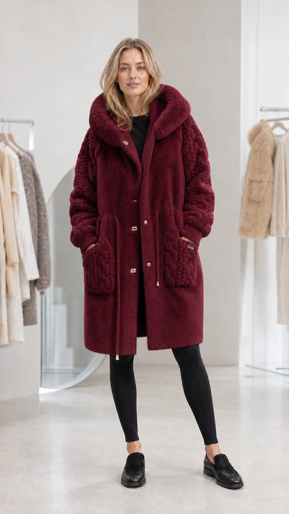 Burgundy women's longline hooded faux fur coat