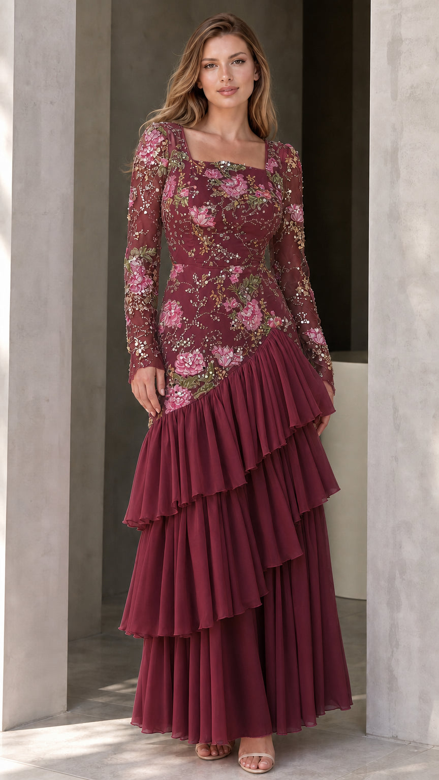 Burgundy wine floral sequin long sleeve evening maxi dress with ruffle hem