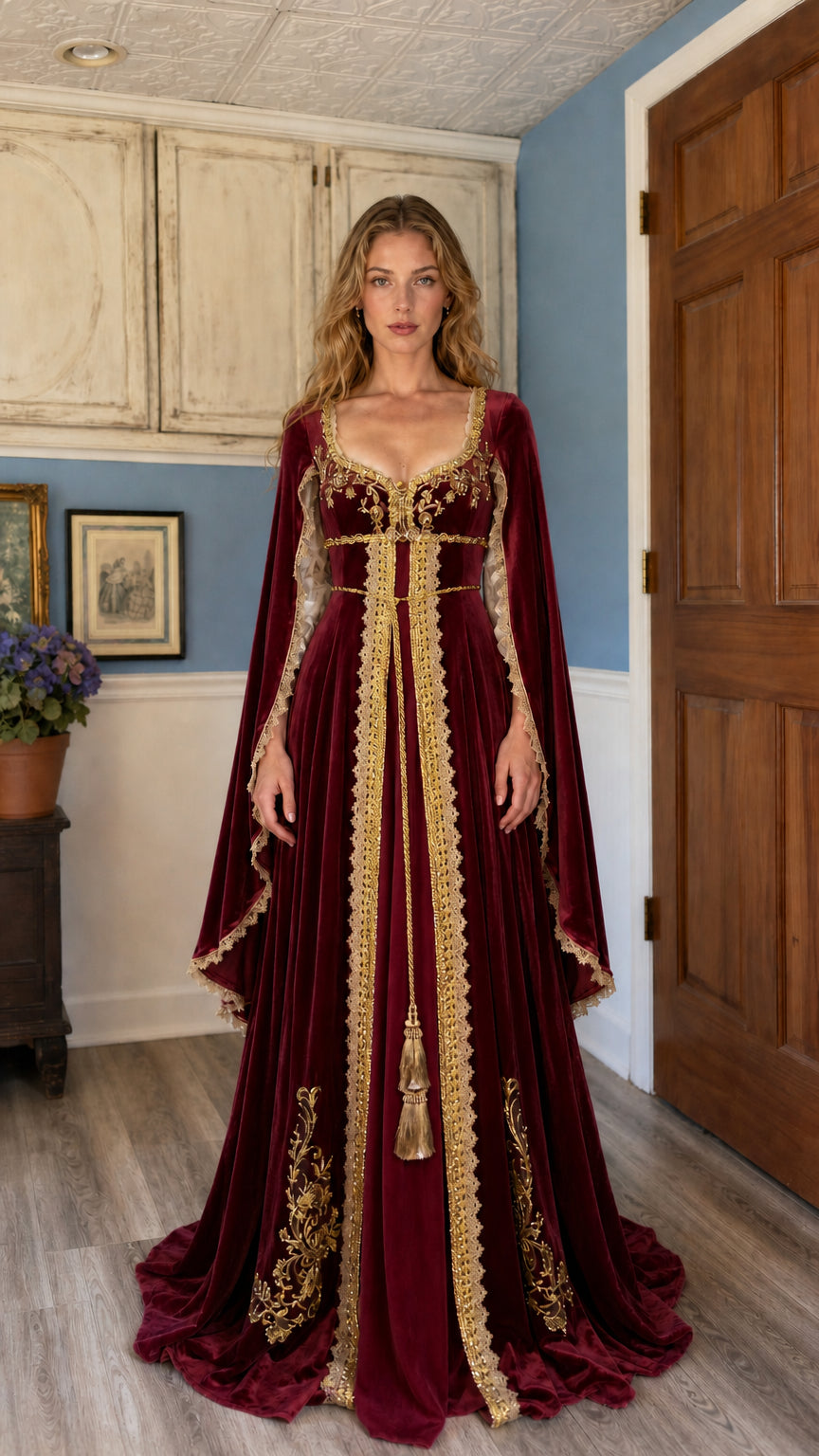 Front view of the burgundy Renaissance velvet medieval gown