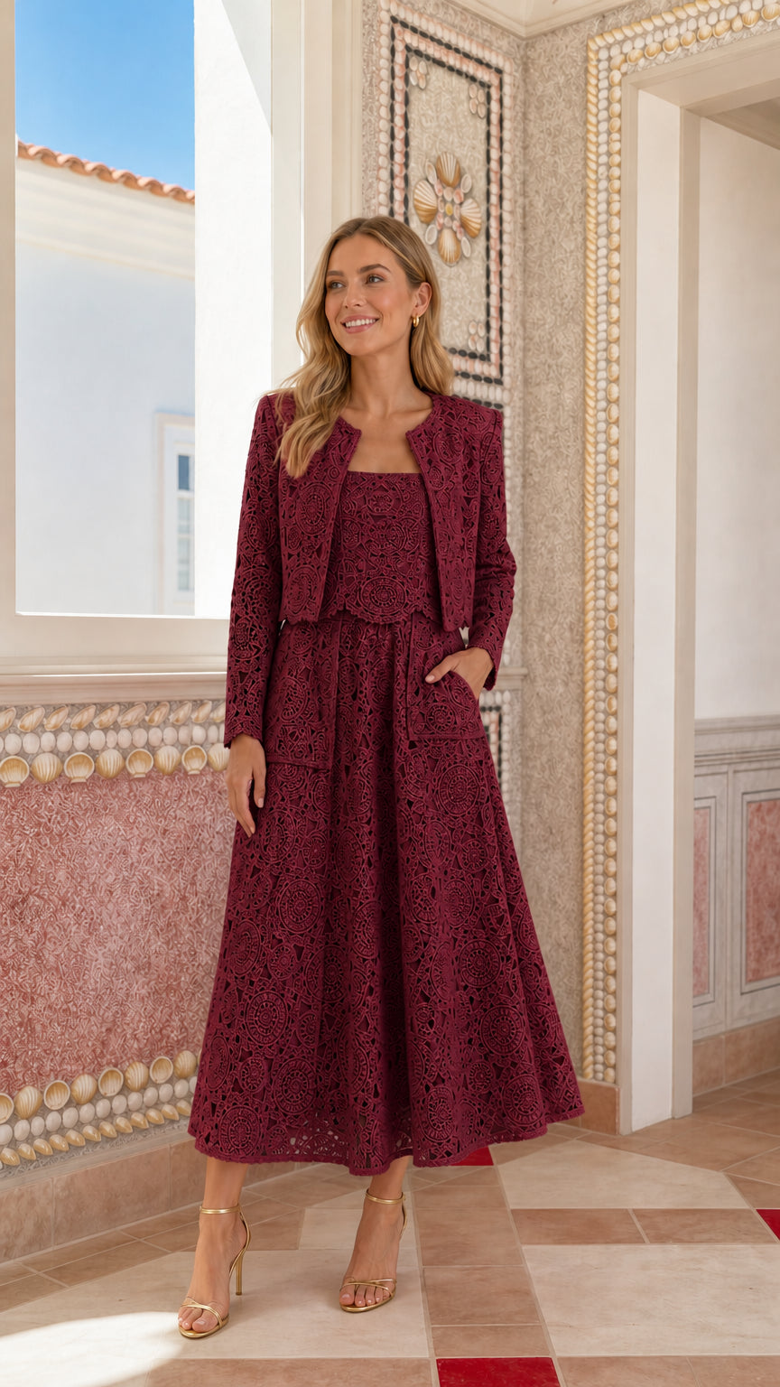 Woman wearing burgundy lace crop jacket and midi dress set