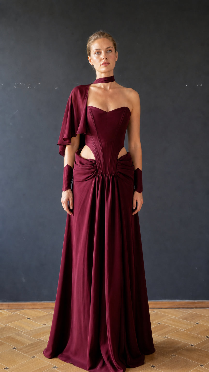 Burgundy color variant of cutout draped evening dress