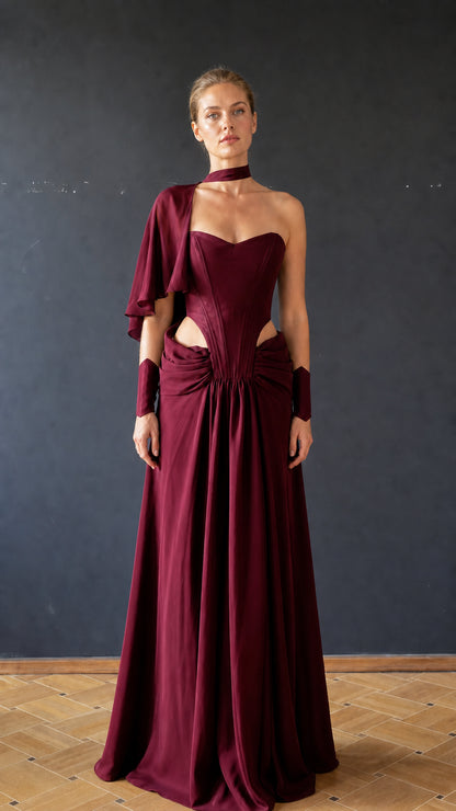 Burgundy color variant of cutout draped evening dress