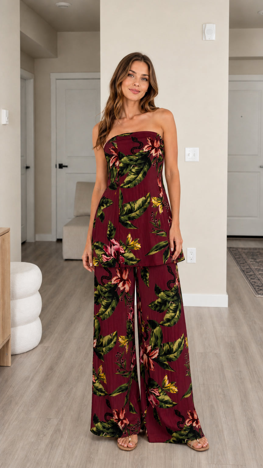Front view of burgundy tropical floral matching set