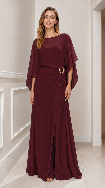 Burgundy wine red chiffon cape sleeve formal gown front view