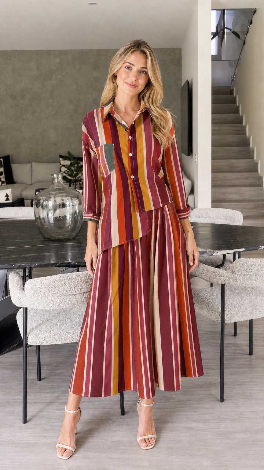 Model wearing burgundy stripe two-piece set