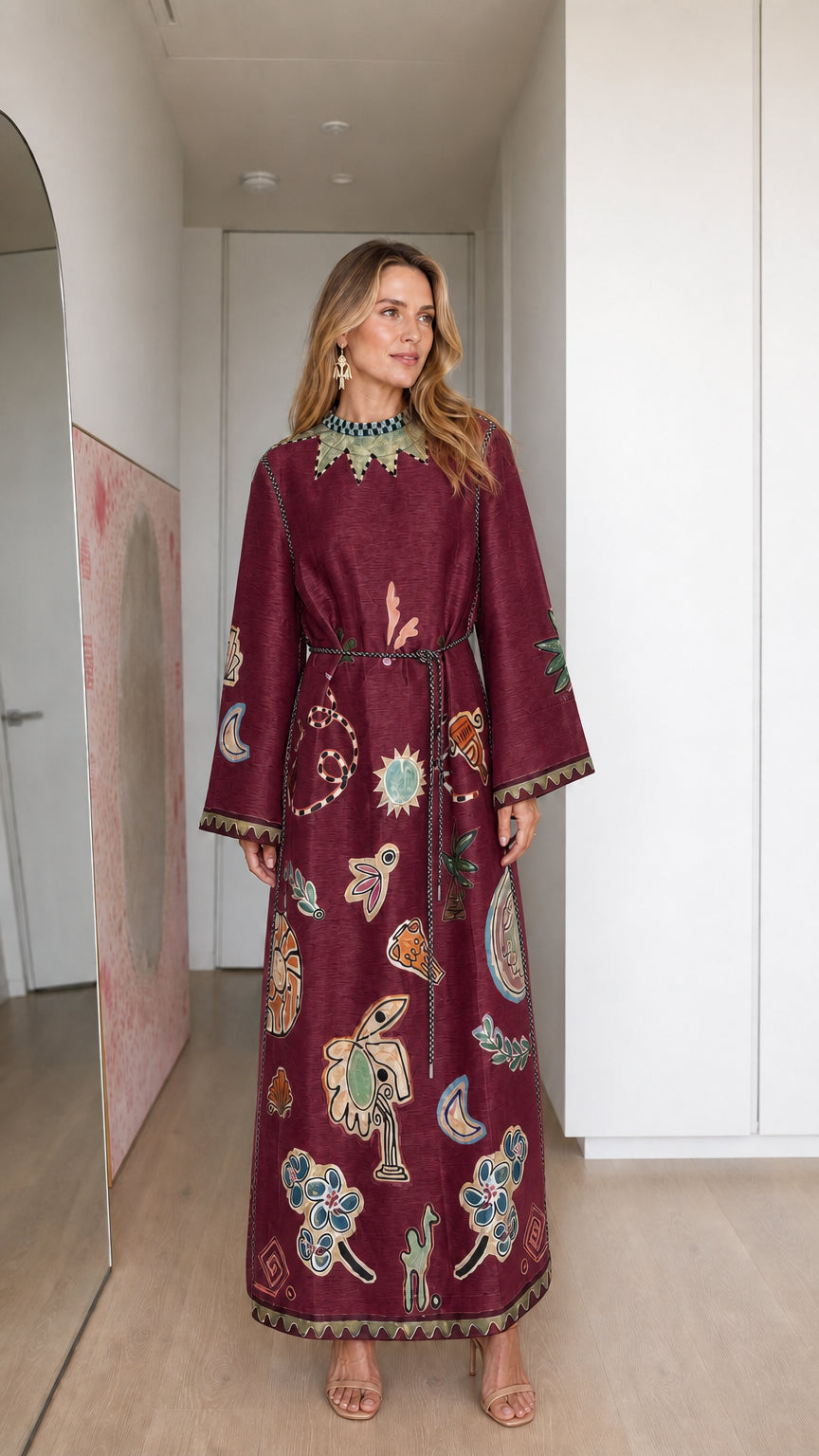 Model wearing burgundy boho printed long sleeve maxi dress