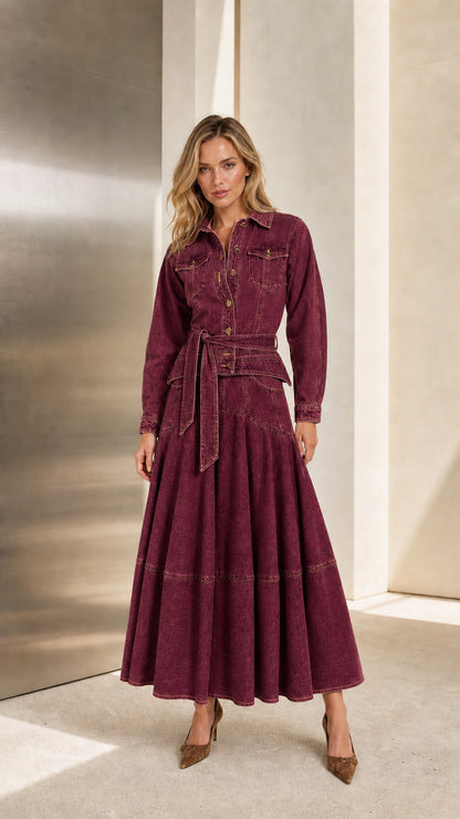 Front view of model wearing Burgundy long sleeve belted denim shirt dress